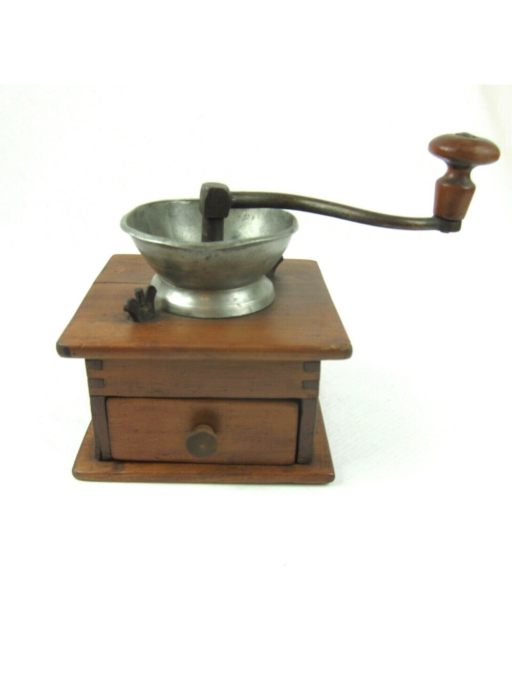 Antique Coffee Grinder Hand Crank Wood Box w/ Drawer Dovetail Joints & Metal Top